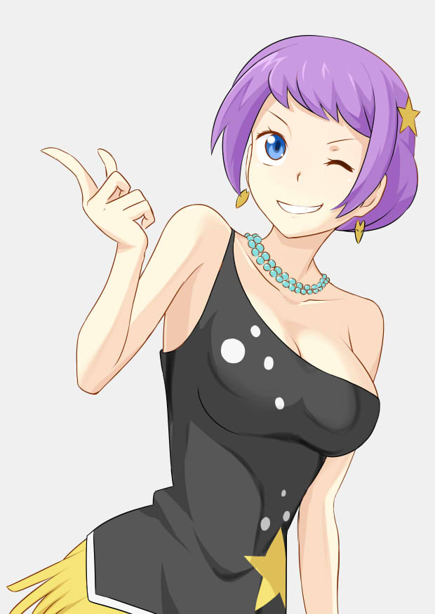 1girl blue_eyes breasts carina_(one_piece) cleavage earrings grey_background hair_bun jack-barro jewelry necklace one_eye_closed one_piece one_piece_film_gold purple_hair simple_background solo star teeth