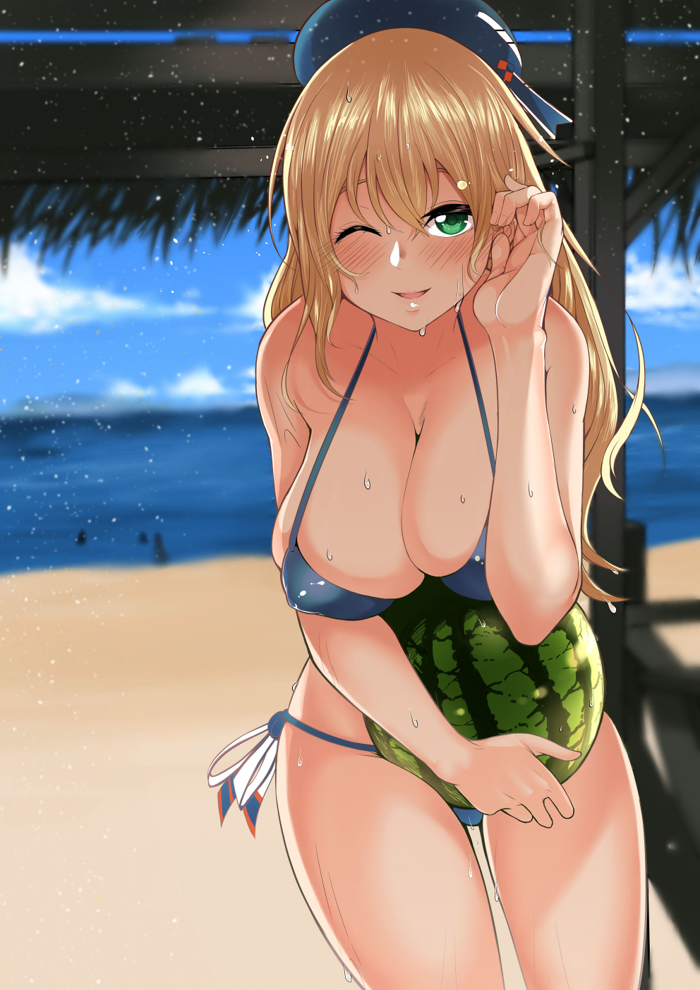 ;o alternate_costume atago_(kantai_collection) bare_arms bare_shoulders beach beret bikini blonde_hair blue_bikini blue_hat blurry blush breasts cleavage clouds coast collarbone covered_nipples cowboy_shot depth_of_field food fruit green_eyes hand_in_hair hat highres holding holding_fruit horizon kantai_collection kayumidome large_breasts leaning_forward long_hair ocean one_eye_closed open_mouth outdoors sand shore side-tie_bikini silhouette standing swimsuit water water_drop watermelon wet wet_hair
