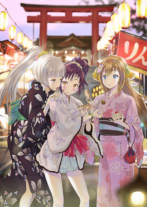 3girls :t ar_nosurge blue_eyes blurry blush brown_eyes brown_hair closed_mouth depth_of_field festival floral_print flower food food_on_face green_eyes grey_hair hair_flower hair_ornament hand_on_another's_shoulder holding holding_food ionasal_kkll_preciel japanese_clothes kanoyeel_kkll_preciel kimono kimono_skirt kinchaku lantern long_hair multiple_girls nayaflask obi outdoors paper_lantern ponytail purple_hair sash shrine smile standing summer_festival takoyaki tongue tongue_out yellow_eyes yoshizuki_kumichi yukata