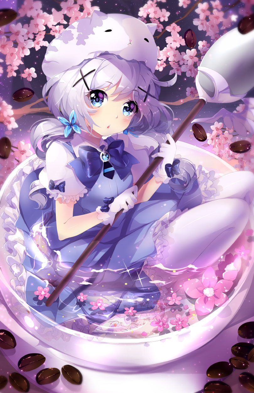 1girl :o angora_rabbit animal animal_on_head bangs blue_bow blue_dress blue_eyes blush bow branch brooch bunny_on_head cherry_blossoms coffee_beans cup dress eyebrows eyebrows_visible_through_hair flat_chest flower frilled_dress frills gloves gochuumon_wa_usagi_desu_ka? hair_ornament hairclip highres holding holding_spoon in_container in_cup jewelry kafuu_chino knees_up light_particles long_hair looking_at_viewer low_twintails minigirl oversized_object partially_submerged pink_flower plate rabbit rabbit_house_uniform saucer shade silver_hair sitting sparkle squadra thigh-highs tippy_(gochuumon_wa_usagi_desuka?) transparent twintails water white_gloves white_legwear x_hair_ornament