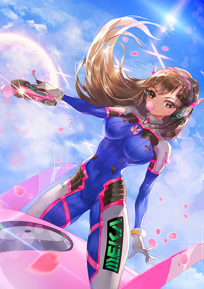 1girl acronym armor bangs blue_sky bodysuit boots bracer breasts breasts_apart brown_eyes brown_hair bubble_blowing bubblegum bunny_print charm_(object) clouds cloudy_sky d.va_(overwatch) eyebrows eyebrows_visible_through_hair eyelashes facepaint facial_mark finger_on_trigger floating_hair from_side gloves gum gun hand_up headphones holding holding_gun holding_weapon legs_apart long_hair long_sleeves mecha medium_breasts meka_(overwatch) overwatch pauldrons petals pilot_suit ribbed_bodysuit shoulder_pads skin_tight sky solo sparkle standing sun sunlight tbag thigh-highs thigh_boots thigh_strap thighs turtleneck weapon whisker_markings white_boots white_gloves