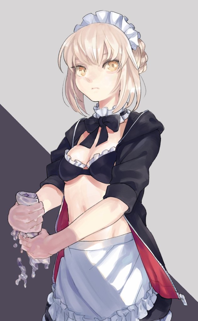 1girl apron artoria_pendragon_(all) artoria_pendragon_(swimsuit_rider_alter)_(fate) bangs bikini bikini_under_clothes black_bikini black_bow black_bowtie black_hoodie black_jacket black_skirt blonde_hair bow bowtie braid breasts cleavage closed_mouth cowboy_shot fate/grand_order fate_(series) french_braid frilled_apron frilled_bikini frills grey_background headdress hood hooded_jacket hoodie jacket looking_at_viewer maid maid_apron maid_bikini maid_headdress open_clothes open_hoodie open_jacket rag ribbon-trimmed_collar ribbon_trim saber_alter shiny shiny_hair shiny_skin short_hair short_hair_with_long_locks simple_background skirt small_breasts solo standing swimsuit urayamashiro_(artist) water white_apron wringing yellow_eyes