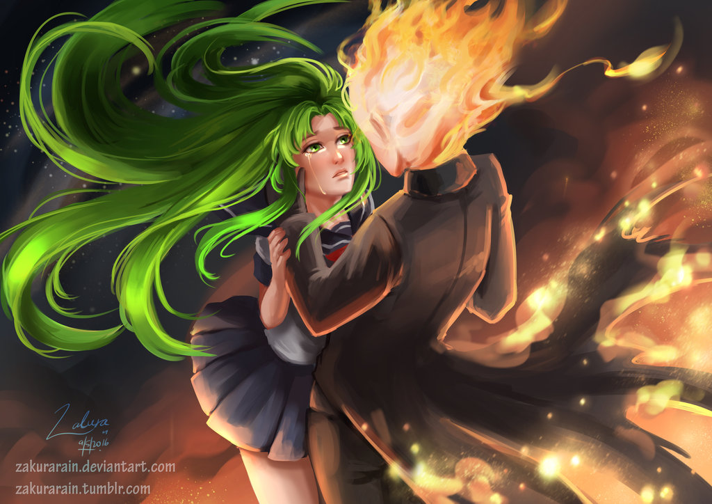 crying demon flame flame_demon green_eyes green_hair midori_gurin romance school_uniform yandere_simulator zakurarain