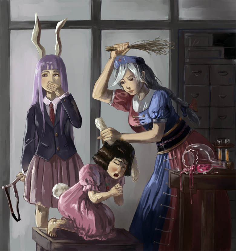 3girls adapted_costume amibazh animal_ears barefoot beaker behind_back blazer blue_dress bow braid breasts broken_glass brown_hair buck_teeth bunny_tail carrot_necklace collared_shirt commentary crying dress ear_grab ears_down giggling glass hair_bow hands_together hat inaba_tewi indoors interlocked_fingers jacket long_hair long_sleeves looking_to_the_side multicolored_dress multiple_girls necktie nurse_cap obi pink_dress pleated_skirt purple_hair purple_skirt rabbit_ears red_dress red_necktie reisen_udongein_inaba sash shiny shiny_clothes shiny_hair shirt short_sleeves silver_hair single_braid size_difference skirt slingshot spanking spilling stool table tail touhou very_long_hair vial white_shirt yagokoro_eirin