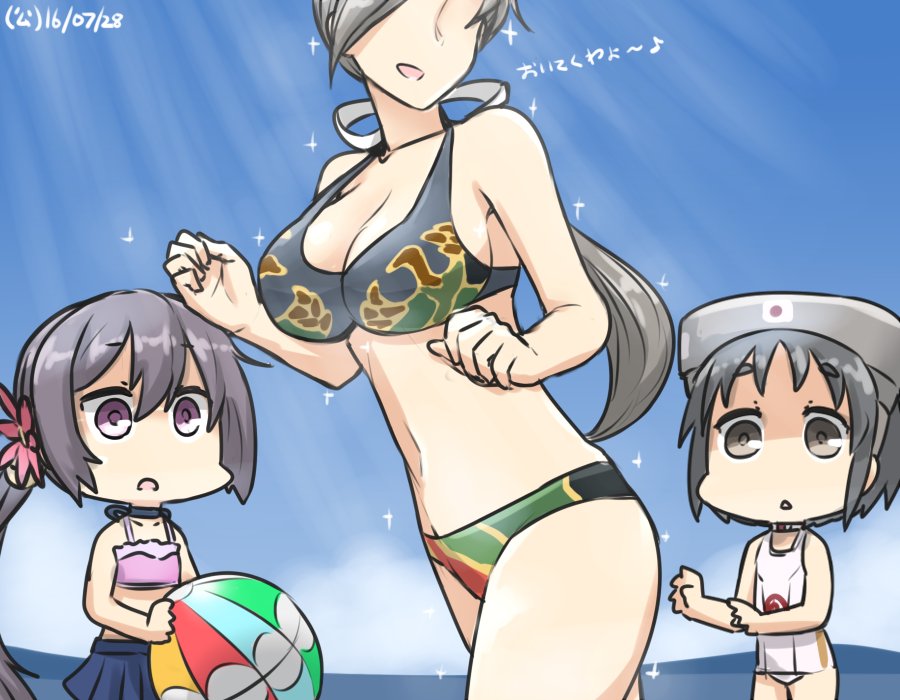 3girls akebono_(kantai_collection) ball beachball bell bikini black_hair blue_sky breast_envy breasts brown_eyes chitose_(kantai_collection) choker commentary dated diving_mask diving_mask_on_head faceless faceless_female flower grey_hair hair_bell hair_flower hair_ornament hair_ribbon hamu_koutarou headband kantai_collection large_breasts long_hair maru-yu_(kantai_collection) multiple_girls neck_ribbon open_mouth ponytail purple_hair ribbon school_swimsuit shaded_face short_hair side_ponytail sky sparkle swimsuit translated very_long_hair violet_eyes white_school_swimsuit white_swimsuit