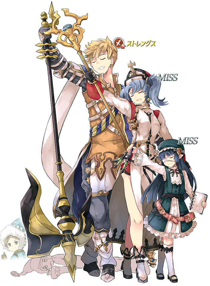 1boy 3girls arao blonde_hair blue_hair closed_eyes eyepatch gameplay_mechanics granblue_fantasy grin halberd height_difference holding holding_weapon lunaru_(granblue_fantasy) multiple_girls polearm projected_inset smile sophia_(granblue_fantasy) souffleramahr staff thumbs_up twintails vane_(granblue_fantasy) weapon yellow_eyes