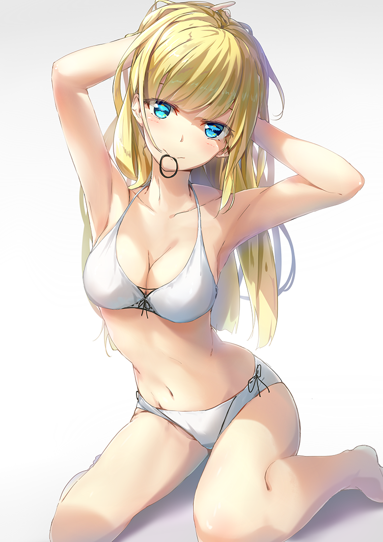 1girl armpits bikini blonde_hair blue_eyes breasts cleavage long_hair looking_at_viewer mouth_hold original smile solo swimsuit wingheart