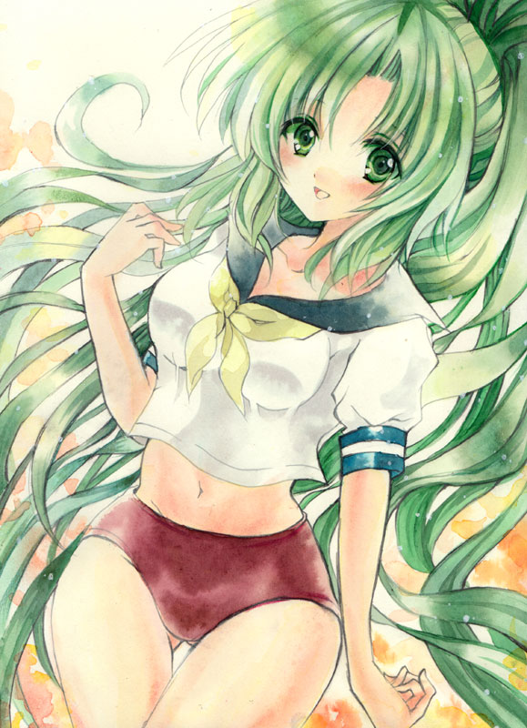 1girl ass_visible_through_thighs bangs big_hair blush breasts buruma cowboy_shot curvy eyes_visible_through_hair green_eyes green_hair hand_up higurashi_no_naku_koro_ni long_ponytail looking_at_viewer navel open_mouth ribbon sailor_collar shiny shiny_hair shirt short_sleeves smile solo sonozaki_mion stomach taut_clothes taut_shirt thighs traditional_media watercolor_(medium) white_shirt yunshin