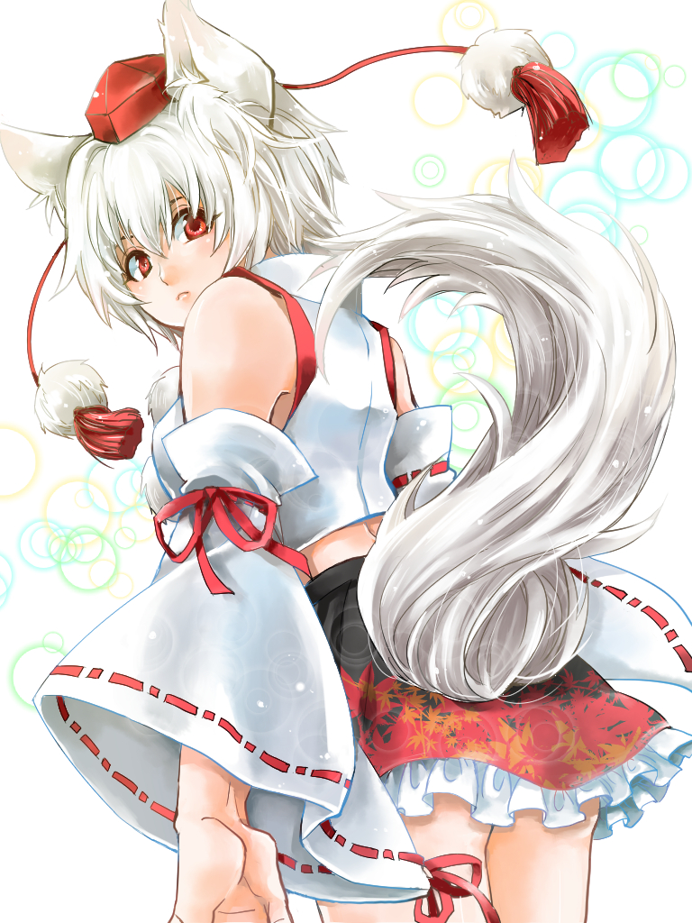 1girl animal_ears bare_shoulders breasts crop_top detached_sleeves hat inubashiri_momiji looking_at_viewer looking_back midriff miniskirt pom_pom_(clothes) red_eyes ribbon-trimmed_sleeves ribbon_trim short_hair silver_hair skirt solo tail tokin_hat touhou wolf_ears wolf_tail