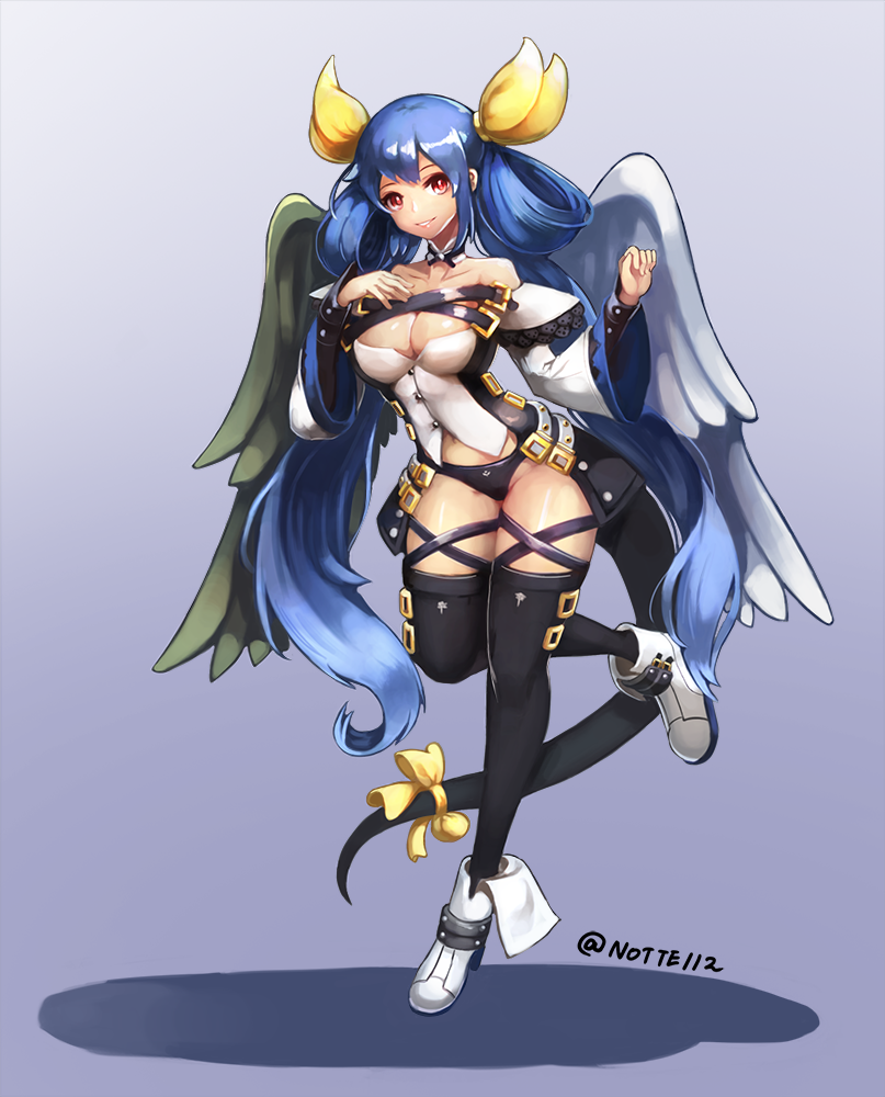 1girl asymmetrical_wings bare_shoulders black_legwear black_panties blue_hair breasts choker cleavage detached_sleeves dizzy full_body guilty_gear guilty_gear_xrd hair_ribbon long_hair navel notte panties red_eyes ribbon smile solo standing standing_on_one_leg tail tail_ribbon thigh-highs twintails twitter_username underwear wings yellow_ribbon