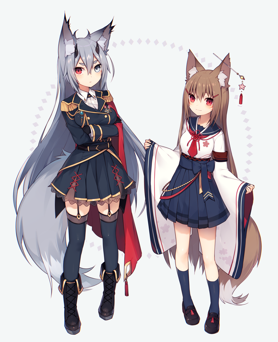 2girls animal_ears belt black_gloves blonde_hair blue_legwear boots bow breasts cape crossed_arms epaulettes expressionless eyebrows facial_mark fox_ears fox_tail full_body garter_straps gem gloves grey_background grey_eyes grey_hair hair_between_eyes hair_ornament hair_stick hairclip hakama_skirt heterochromia highres horns jacket jewelry kneehighs light_smile loafers long_hair long_sleeves medium_breasts multiple_girls muryou neckerchief original outstretched_arms red_eyes school_uniform serafuku shoes skirt sleeves_past_wrists small_breasts standing tail thigh-highs very_long_hair wide_sleeves zettai_ryouiki