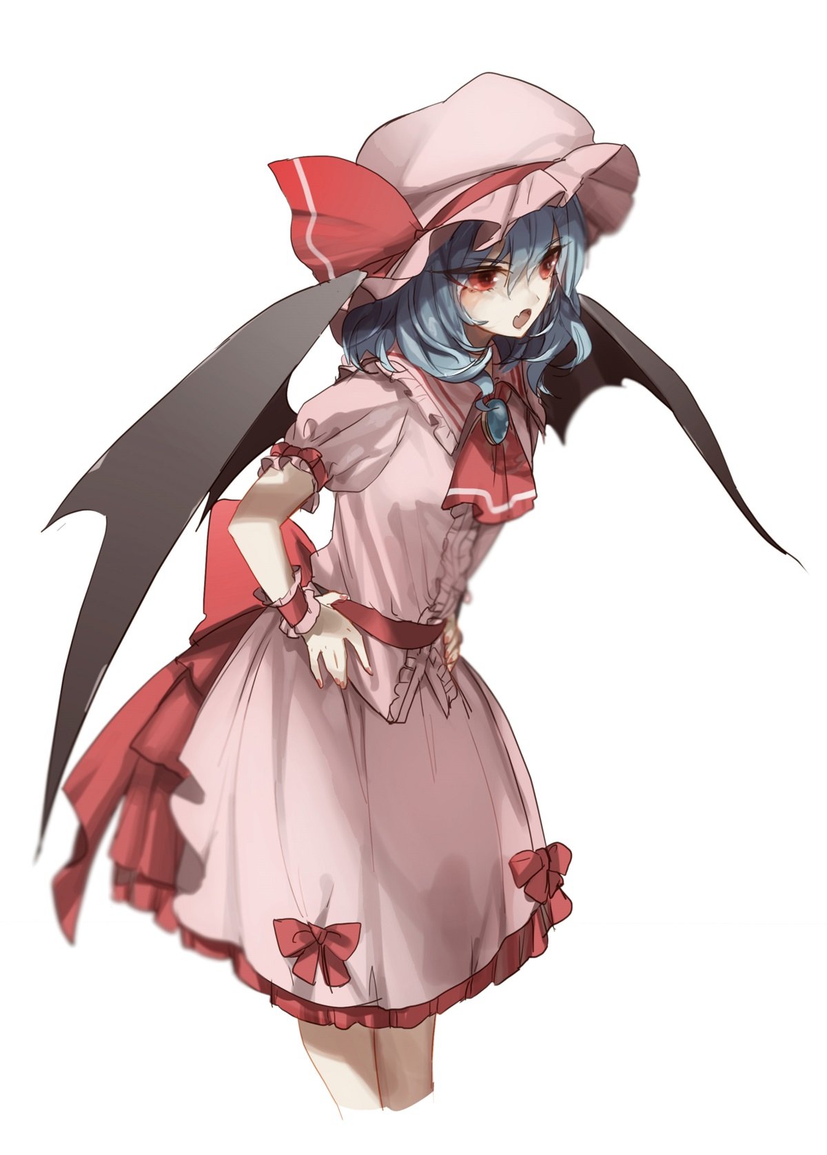 &gt;:o 1girl :o arm_garter ascot bat_wings blue_hair brooch cowboy_shot fang frilled_shirt_collar frills from_side hands_on_hips hat hat_ribbon highres jewelry leaning_forward looking_away mob_cap no-kan pink_shirt pink_skirt puffy_short_sleeves puffy_sleeves red_eyes red_ribbon remilia_scarlet ribbon sash shirt short_sleeves skirt skirt_set solo touhou white_background wings wrist_cuffs