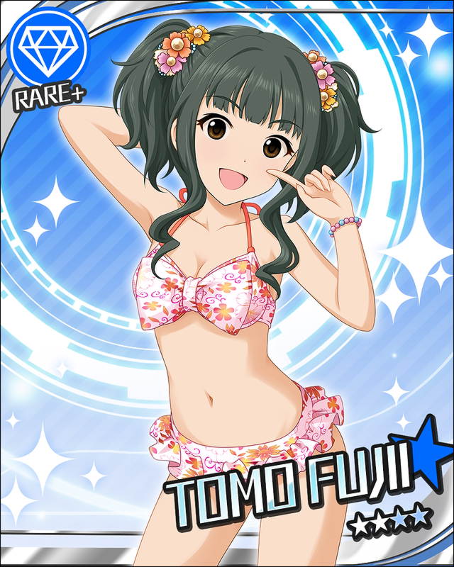 1girl arm_up armpits artist_request bikini black_hair blue_background breasts brown_eyes card_(medium) character_name cleavage diamond_(symbol) finger_to_mouth frilled_bikini frills fujii_tomo happy idolmaster idolmaster_cinderella_girls navel official_art open_mouth ribbon smile solo swimsuit
