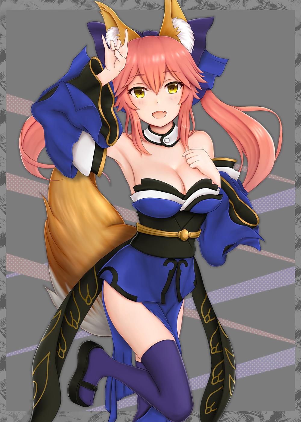 1girl animal_ears blue_legwear bow breasts caster_(fate/extra) cleavage detached_sleeves fang fate/extra fate/grand_order fate_(series) fox fox_ears fox_tail hair_bow hair_ribbon highres japanese_clothes large_breasts looking_at_viewer open_mouth pink_hair ribbon solo tail yellow_eyes