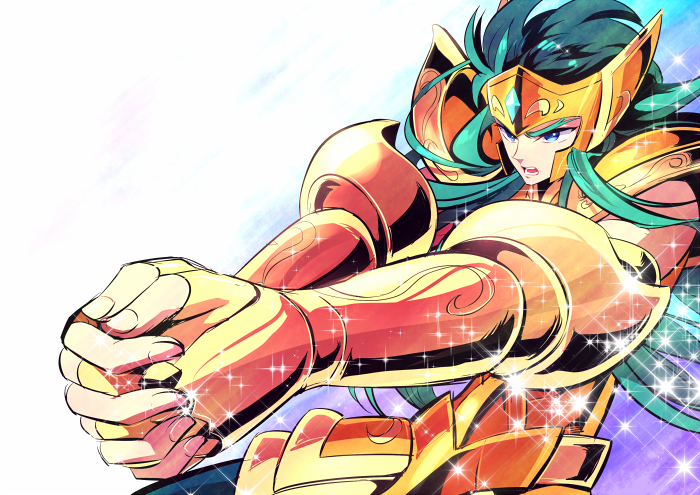 1boy aqua_hair aquarius_camus armor attack blue_eyes full_armor gold_saint hands_clasped helmet katori_(katokichi) long_hair male_focus open_mouth saint_seiya solo sparkle