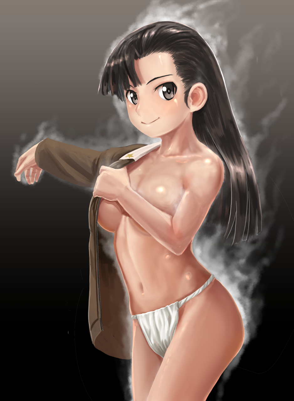1girl abazu-red bangs bare_shoulders black_eyes black_hair breasts closed_mouth collarbone cowboy_shot dressing eyelashes fundoshi girls_und_panzer gradient gradient_background highres japanese_clothes large_breasts loincloth long_hair long_sleeves looking_at_viewer navel nishi_kinuyo no_bra no_pants outstretched_arm shiny shiny_skin smile solo star steam steaming_body stomach toned