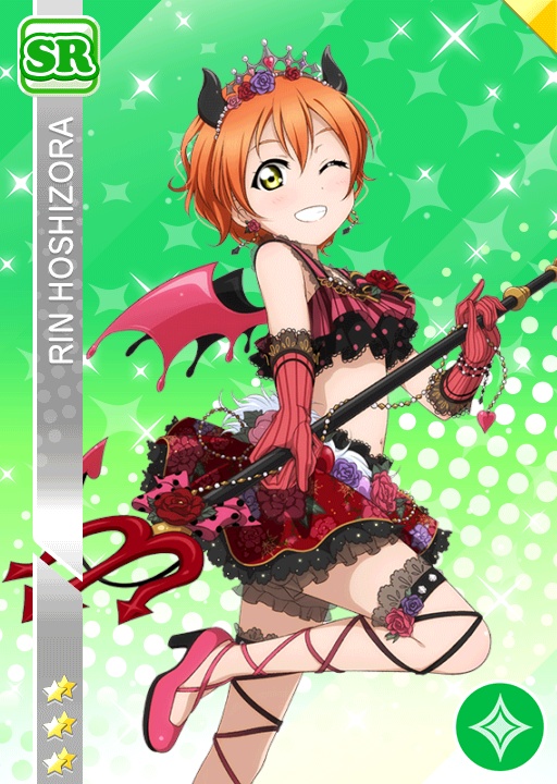 blush character_name devil evil_wings green_eeys horns hoshizora_rin love_live!_school_idol_festival love_live!_school_idol_project orange_hair short_hair skirt smile tail trident wings wink