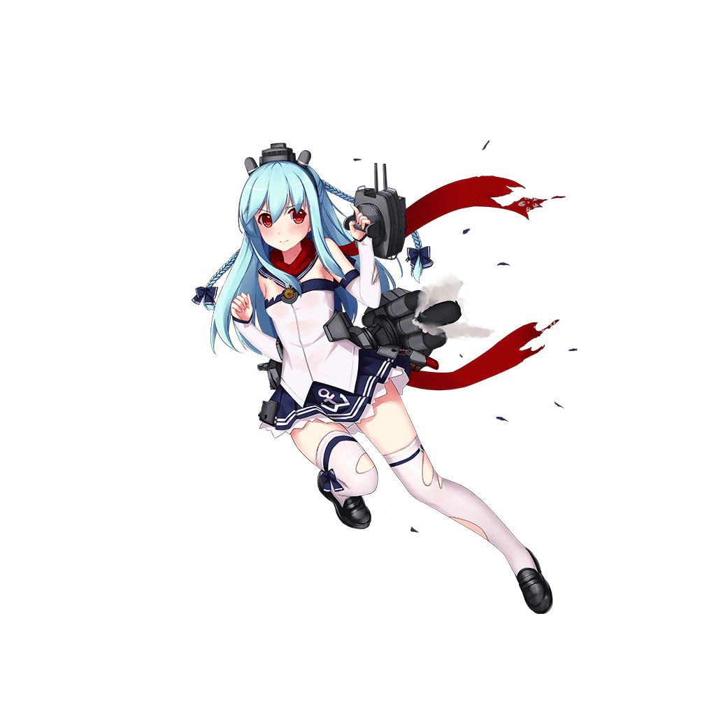allenes armpits bare_shoulders black_shoes blue_bow blue_hair blue_skirt bow braid breasts cannon closed_mouth detached_sleeves fubuki_(zhan_jian_shao_nyu) full_body hair_bow hair_ribbon headwear leg_ribbon loafers long_hair looking_at_viewer machinery multiple_braids official_art one_leg_raised pleated_skirt red_eyes red_scarf remodel_(zhan_jian_shao_nyu) ribbon sailor_collar scarf shoes skirt small_breasts smoke solo standing standing_on_one_leg strapless thigh-highs torn_clothes torpedo transparent_background tubetop turret twin_braids white_clothes white_legwear zettai_ryouiki zhan_jian_shao_nyu