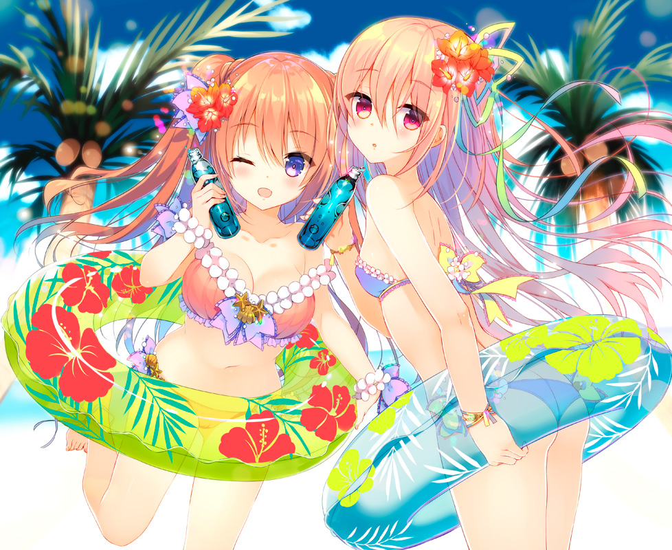 2girls :o ;d ass bare_legs bare_shoulders barefoot beach bikini blonde_hair blue_eyes blue_sky blurry blush bottle bracelet breasts brown_hair cleavage clouds coconut coconut_tree collarbone depth_of_field drink floral_print flower hair_flower hair_ornament hair_ribbon hibiscus holding holding_bottle innertube jewelry leg_up lens_flare long_hair looking_at_viewer medium_breasts multiple_girls navel ocean one_eye_closed open_mouth original outdoors palm_tree ramune red_eyes red_flower ribbon sky small_breasts smile standing standing_on_one_leg stomach strapless summer swimsuit transparent tree twintails yadapot