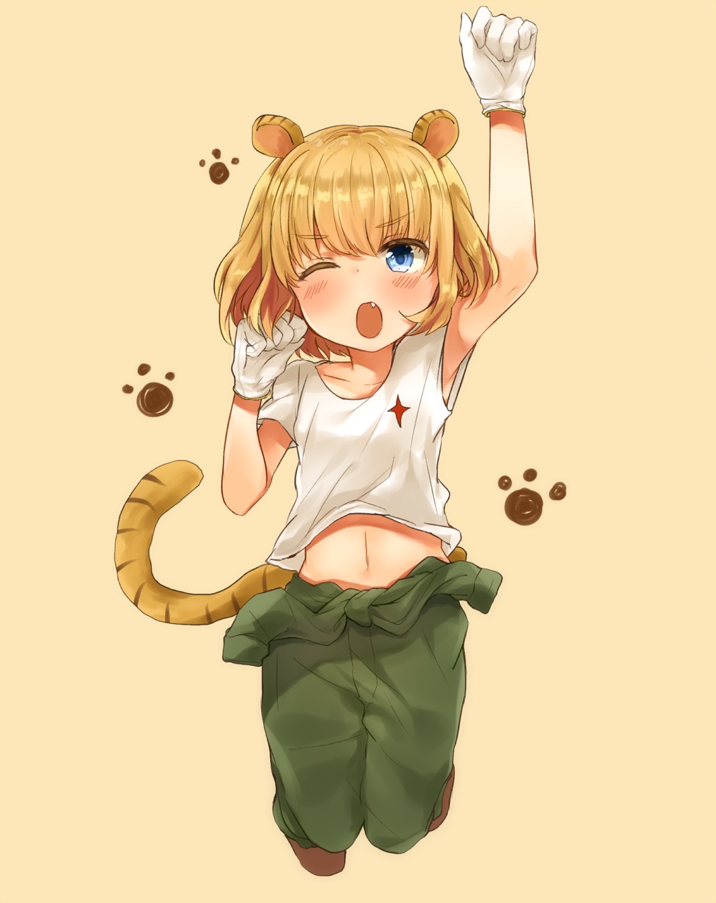1girl animal_ears arm_up blonde_hair blue_eyes blush brown_background collarbone eyebrows eyebrows_visible_through_hair fang full_body girls_und_panzer gloves highres jumping katyusha koretsuna looking_at_viewer midriff navel one_eye_closed open_mouth pants paw_print shirt shoes short_hair short_sleeves simple_background solo star tail tiger_ears tiger_tail white_gloves