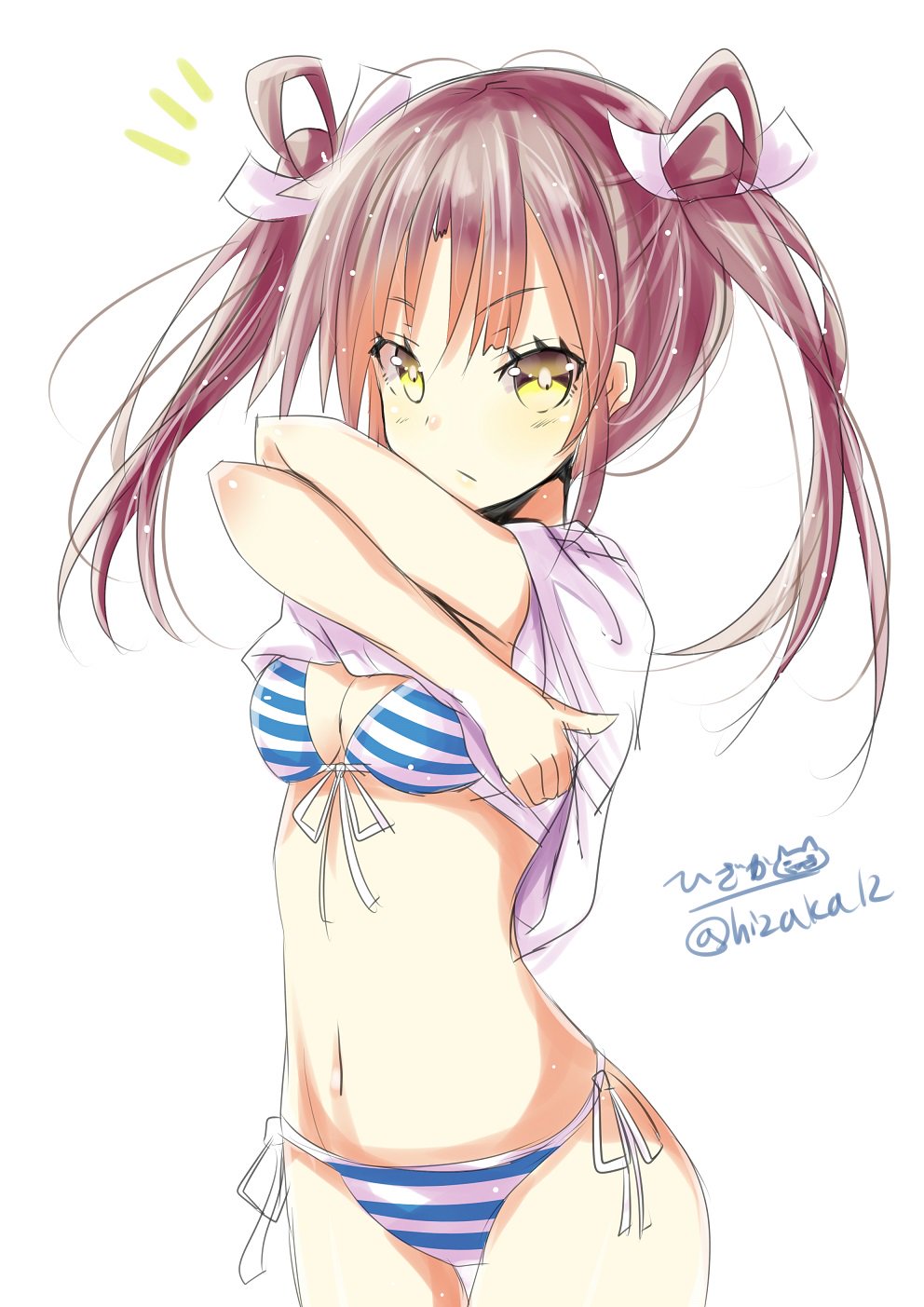 /\/\/\ 1girl :/ bangs bikini blush breasts brown_hair cleavage closed_mouth cowboy_shot eyebrows eyebrows_visible_through_hair front-tie_bikini front-tie_top hair_ribbon hands_up highres hizaka kantai_collection long_hair looking_at_viewer medium_breasts navel ribbon short_sleeves side-tie_bikini simple_background solo standing stomach striped striped_bikini swimsuit thigh_gap twintails twitter_username undressing white_background white_ribbon yellow_eyes zuikaku_(kantai_collection)