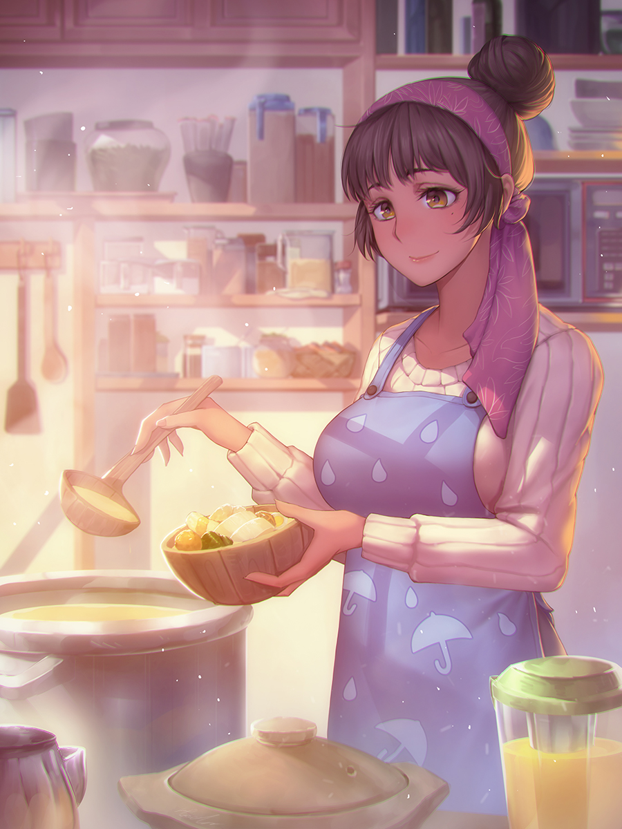 1girl apron bangs blender bowl breasts brown_eyes brown_hair cooking dishes food hachifuku hair_bun hairband head_scarf highres holding_bowl indoors jar kitchen ladle light_particles light_smile long_sleeves microwave mole mole_under_eye nabe original pot print_apron raindrop_print ribbed_sweater shelf short_hair smile solo spatula sunlight sweater