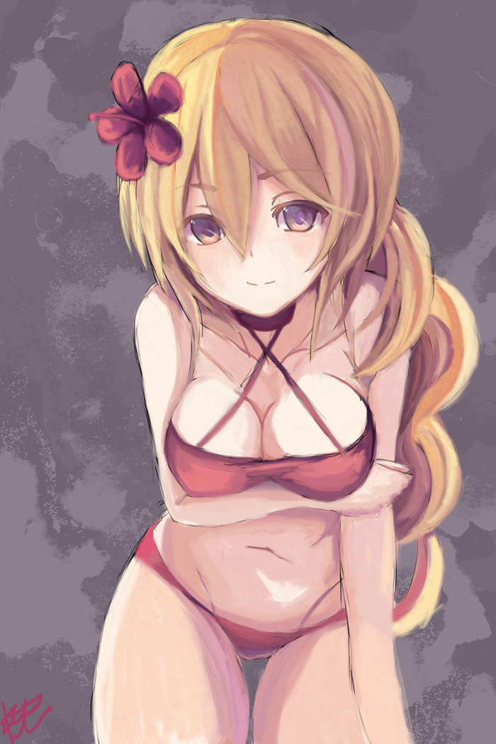 1girl adapted_costume alternate_costume bare_arms bare_shoulders bikini blonde_hair breast_hold breasts cleavage collarbone commentary_request flower gradient_eyes hair_flower hair_ornament kantai_collection littorio_(kantai_collection) long_hair looking_at_viewer multicolored_eyes navel red_bikini swimsuit yanagi_wakana