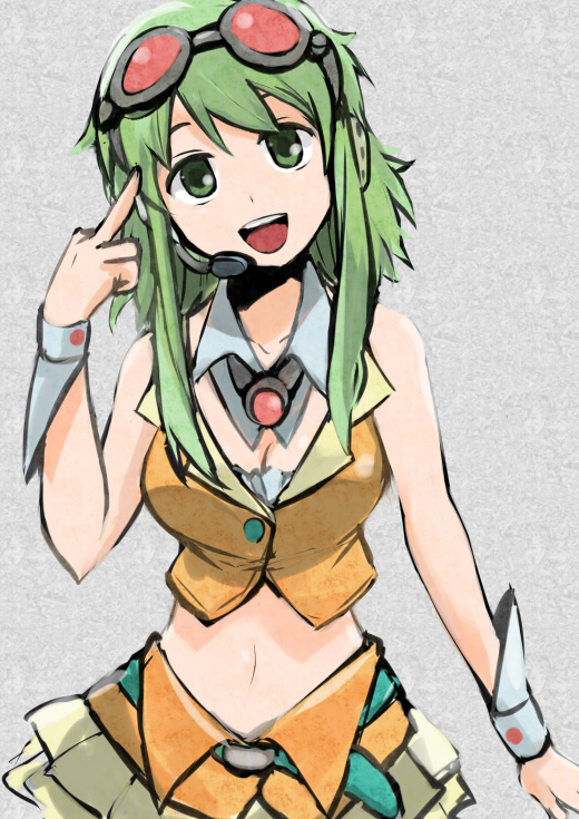 green_eyes green_hair gumi headset middle_finger midriff navel open_mouth pointing shuuhei_(artist) solo vocaloid