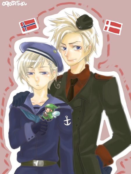 androgynous axis_powers_hetalia beret blonde_hair cross denmark_(hetalia) hairclip hat norway_(hetalia) sailor_collar sailor_hat short_hair