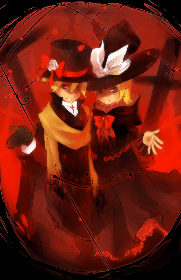 cape dress flower gloves hat juby kagamine_len kagamine_rin ribbon rose scarf short_hair siblings smile top_hat trick_and_treat_(vocaloid) twins vocaloid witch_hat