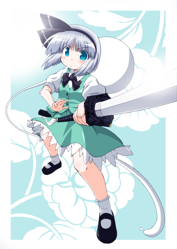 blush fighting_stance hairband katana konpaku_youmu konpaku_youmu_(ghost) myon naitou_kouse short_hair silver_hair sword touhou weapon