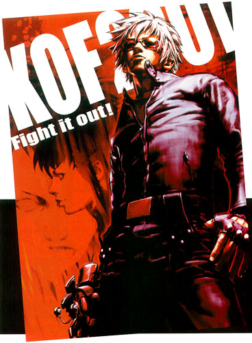 gloves hiroaki_(kof) k' k' king_of_fighters king_of_fighters_2001 leather_jacket lowres official_art poster spiked_hair sunglasses text title_drop white_hair