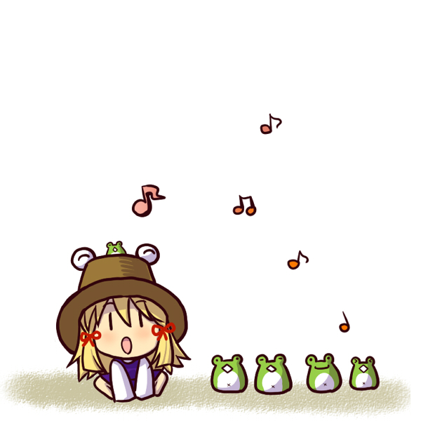 :&lt;&gt; chibi closed_eyes frog hat moriya_suwako musical_note simple_background singing socha touhou