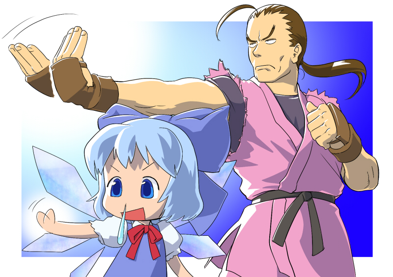 beckon blue_eyes blue_hair bow brown_hair chibi cirno crossover dress fingerless_gloves gloves hair_bow hibiki_dan japanese_clothes kimono long_hair ogu_(oguogu) ogu_(pixiv136937) ponytail ribbon short_hair smile snot street_fighter touhou wings