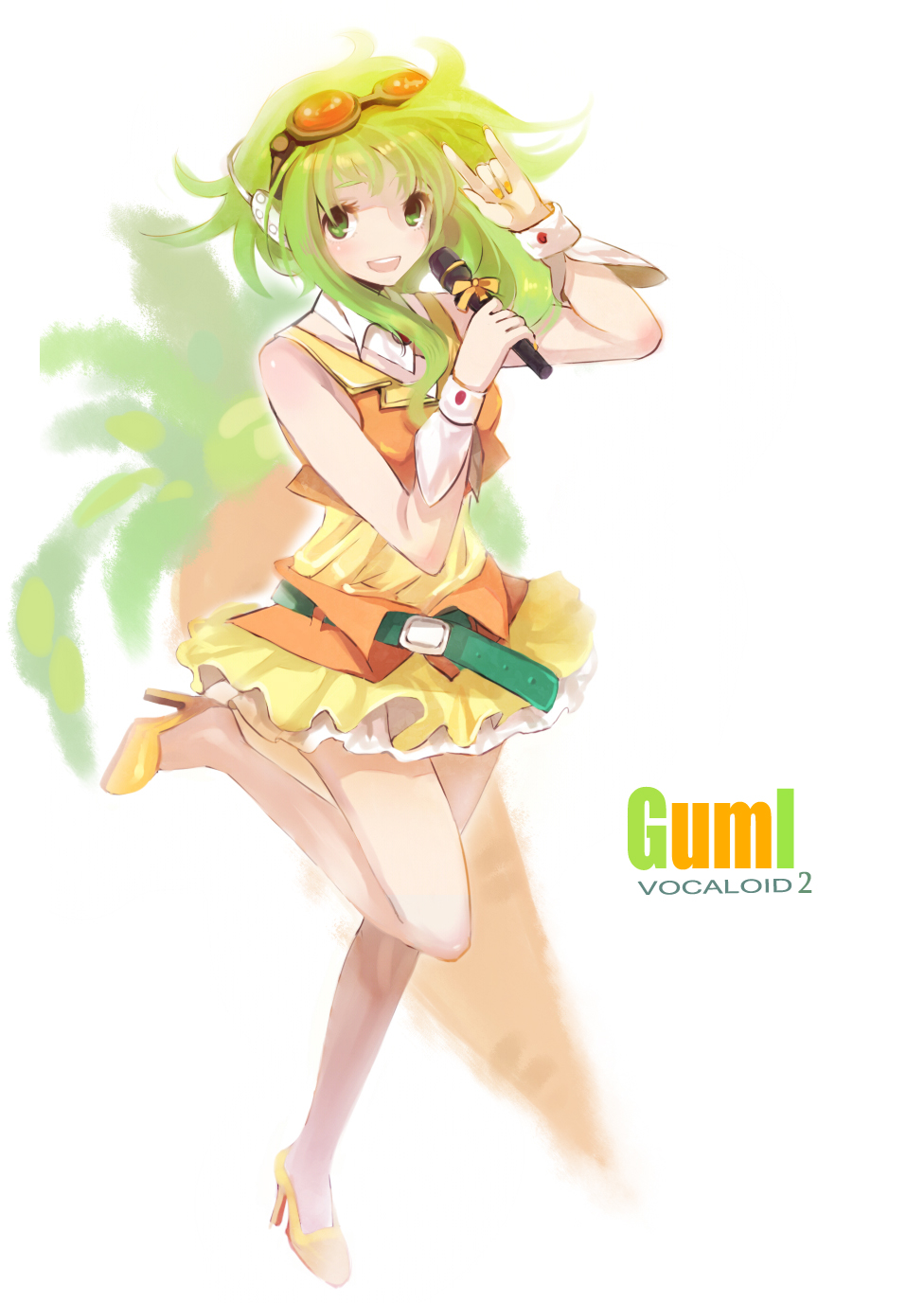 \m/ goggles green_eyes green_hair gumi headphones high_heels highres shell_(pixiv) shoes skirt smile solo vocaloid