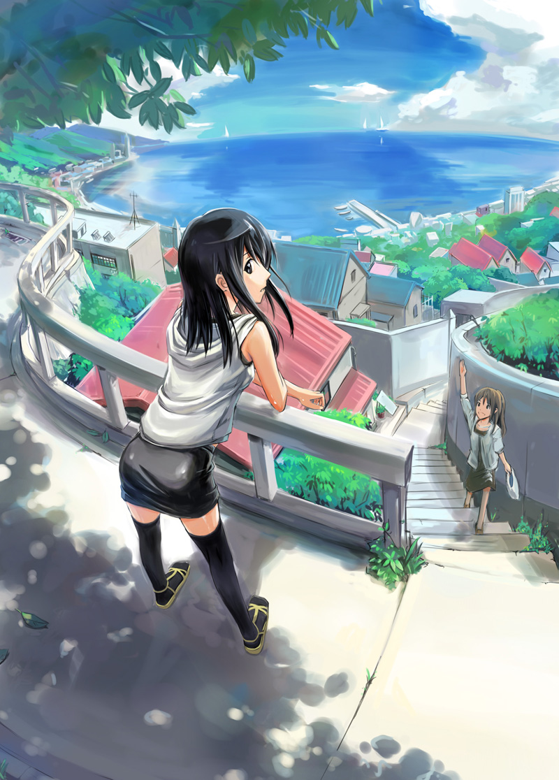 ass bag black_eyes black_hair black_legwear boat brown_hair city cloud clouds dress from_behind hill hood long_hair looking_back miniskirt multiple_girls ocean original outdoors plastic_bag ponytail railing sailboat sandals scenery shade skirt sky smile stairs streamingsun thigh-highs thighhighs tree wall water wave waving zettai_ryouiki