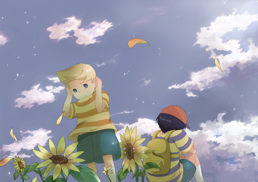 bag blonde_hair blue_eyes flower hat lucas mother_(game) mother_2 mother_3 ness nintendo petals sky stars sunflower super_smash_bros.