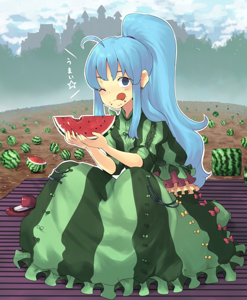 :d aki_(mare_desiderii) bad_id blue_eyes blue_hair dress earrings field food food_themed_clothes fruit holding holding_fruit jewelry long_hair original ponytail sitting tongue watermelon watermelon_print wink