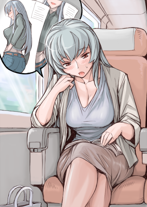 breasts casual chin_rest cleavage crossed_legs glasses jeans magazine pantyhose reading rozen_maiden rozenweapon silver_hair sitting sleeves_rolled_up suigintou train train_interior