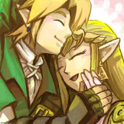 1girl artist_request blonde_hair couple earrings gloves hat hug jewelry link lowres nintendo pointy_ears princess_zelda source_request the_legend_of_zelda tiara twilight_princess