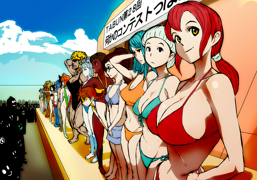 blue_hair breasts contest dark_skin huge_breasts kuruma_hajime large_breasts original ponytail red_hair redhead side-tie_bikini sideboob swimsuit