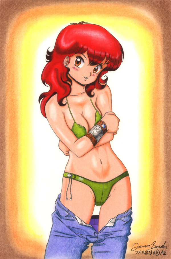 bikini breasts brown_eyes james_bender jeans magami_eiko pants_pulled_down project_a-ko redhead swimsuit