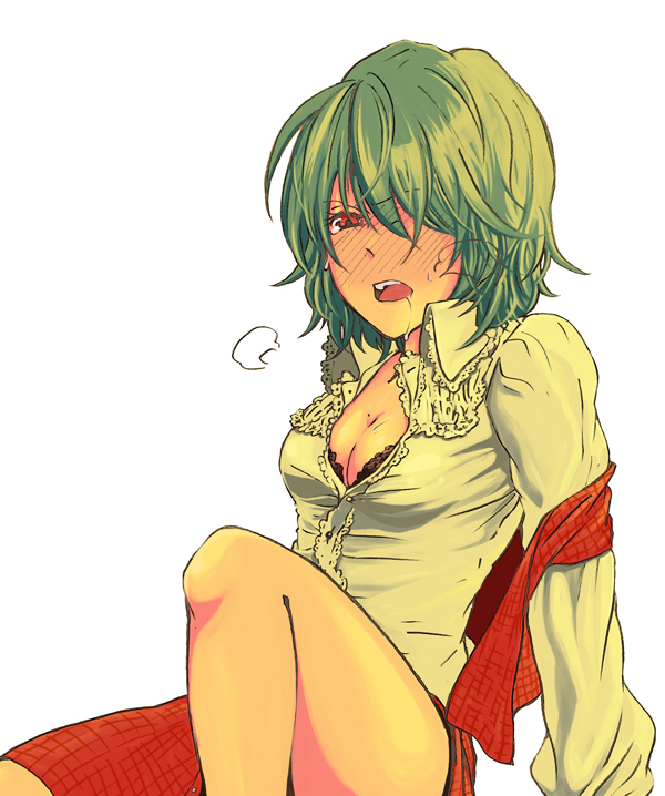 arm_support black_bra blush bra breasts breath charin cleavage green_hair hair_over_one_eye kazami_yuuka lace-trimmed_bra lingerie off_shoulder open_clothes open_mouth open_shirt plaid plaid_skirt plaid_vest red_eyes saliva short_hair simple_background sitting skirt skirt_set solo touhou underwear white_background