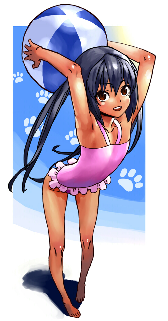 ball barefoot beachball black_hair brown_eyes flat_chest hijiki_(b-stroke) hijiki_(pixiv79507) k-on! long_hair nakano_azusa one-piece one-piece_swimsuit solo swimsuit tan tanned twintails