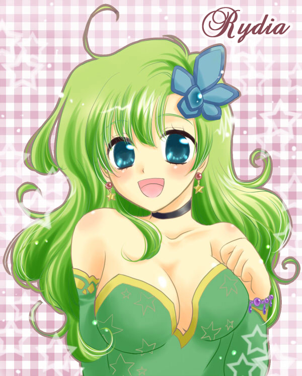 aqua_eyes bracelet breasts character_name cleavage cute earrings final_fantasy final_fantasy_iv green_hair hair_ornament jewelry rydia smile stars uruneko wavy_hair