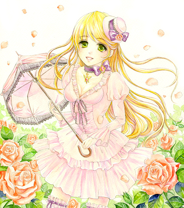 blonde_hair bow breasts choker cleavage dress face flower frills green_eyes hat jewelry long_hair mini_top_hat necklace parasol rose smile top_hat toyoda_izumi umbrella victorian