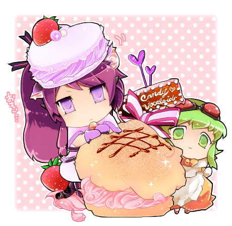 cake chibi cream_puff food food_as_clothes fruit goggles green_eyes green_hair gumi hxaxcxk kamui_gakupo long_hair lowres macaron pastry ponytail purple_hair ribbon smile strawberry vocaloid