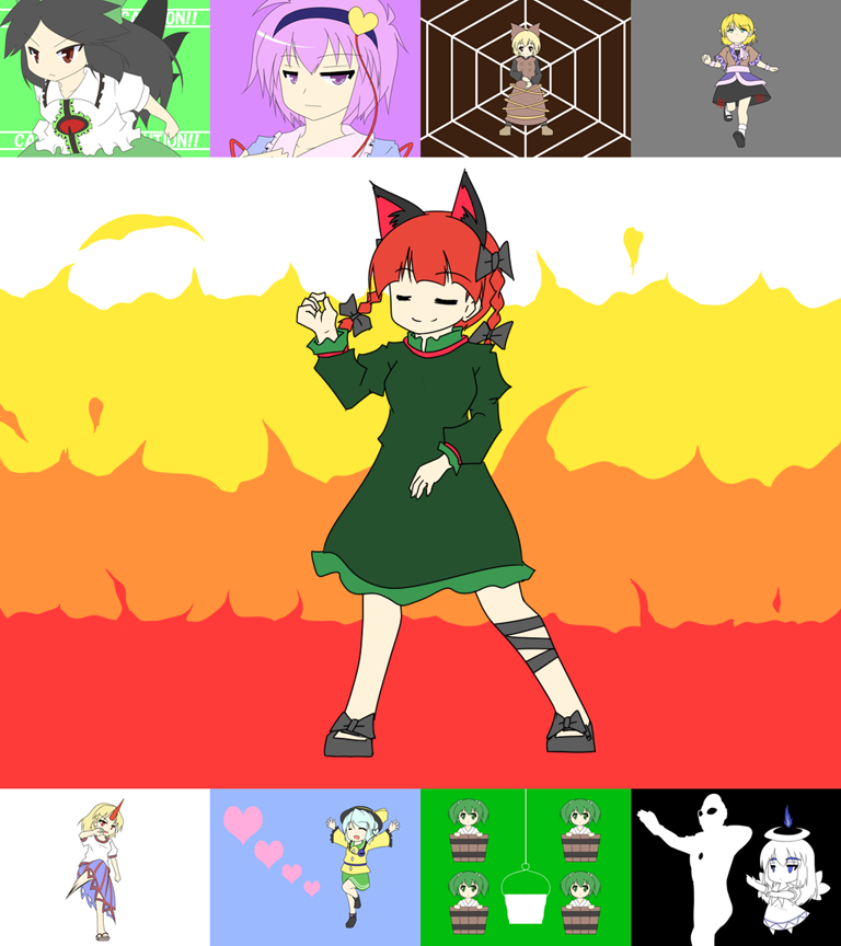 black_hair braid bucket cat_ears cat_tail girl_in_bucket green_eyes green_hair hairband hat horn hoshiguma_yuugi in_bucket in_container kaenbyou_rin kisume komeiji_koishi komeiji_satori kurodani_yamame long_hair mizuhashi_parsee red_eyes red_hair redhead reiuji_utsuho ribbon short_hair spider_web subterranean_animism tail touhou twin_braids twintails ultraman urushi wings zombie_fairy