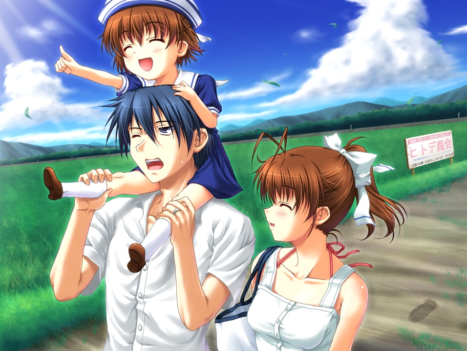 blue_eyes blue_hair brown_hair carrying child clannad closed_eyes family furukawa_nagisa hat kneehighs miyai_max okazaki_tomoya okazaki_ushio open_mouth pointing ponytail sailor_dress school_uniform shoes smile socks white_kneehighs white_legwear wink