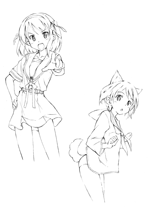 animal_ears bottomless cat_ears cat_pose dog_ears dog_tail foreshortening hairband hamao hand_on_hip looking_at_viewer miyafuji_yoshika monochrome multiple_girls open_mouth paw_pose pointing school_uniform serafuku strike_witches suzumiya_haruhi suzumiya_haruhi_no_yuuutsu tail wide_sleeves